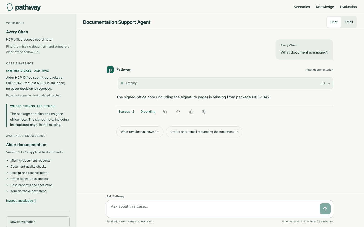 Pathway’s public workspace: a fictional case snapshot beside a sourced answer about a missing document.