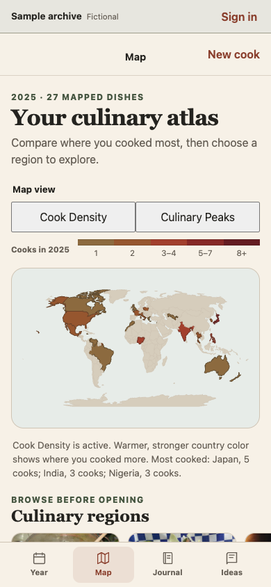 What I Made’s mobile public sample, displaying a culinary world map and fictional cooking history.